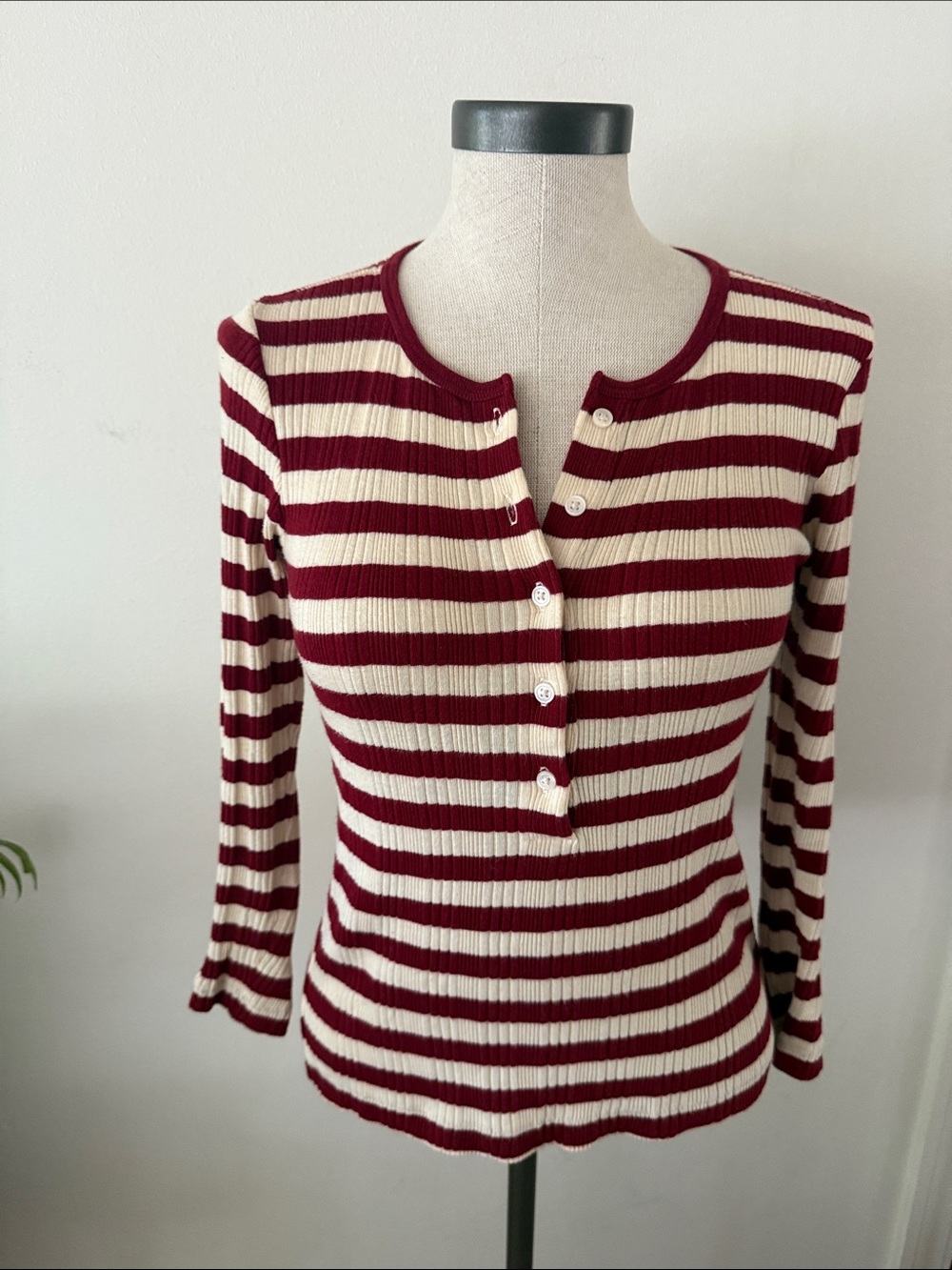 Doen sold out Striped Rib-Knit Henley Top in Burgundy and Cream small
